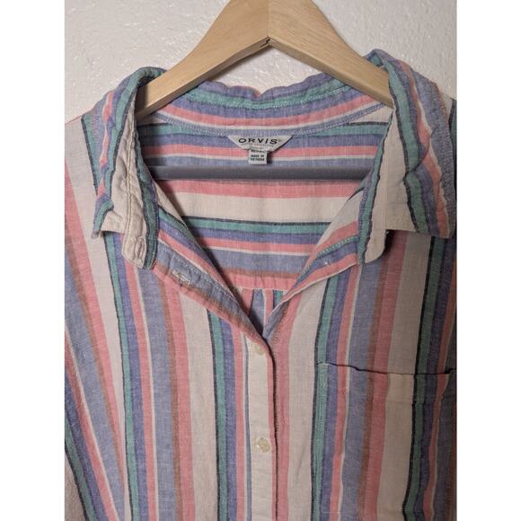 Orvis Linen Blend Button Down Camp Shirt Stripes Women Size XL Gorpcore Outdoors - Picture 3 of 9